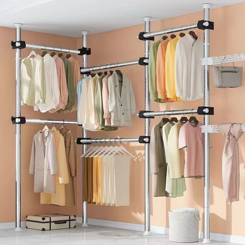 Floor-To-Ceiling Clothes Rack Rod Floor-Standing Combination Clothes Drying Rack Bedroom Clothes Rack Telescopic Clothes Drying Rod Cool Clothes and Hat Rack