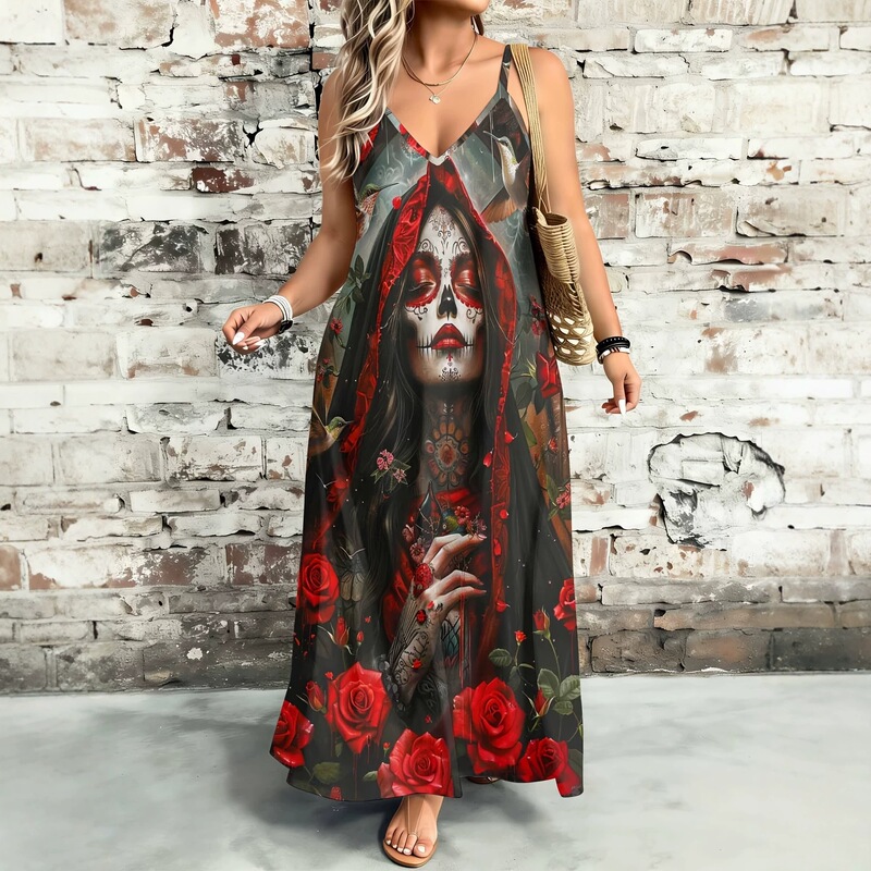 Rose Sugar Skull Print Strap Long Dress for Women, Day of the Dead V-Neck Loose Fit Casual Vacation Maxi Dress Rose Sugar Skull Print Strap Long Dress for Women, Day of the Dead V-Neck Loose Fit Casual Vacation Maxi Dress