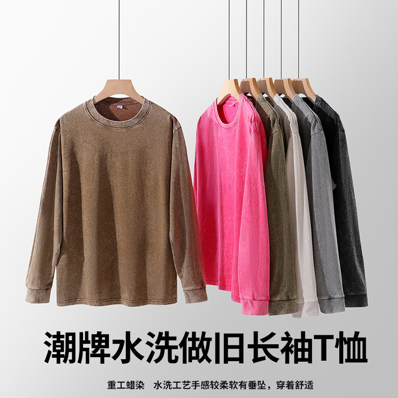 240g Washed Long Sleeve Fried Snowflake Cotton Old Crewneck T-shirt Europe and America Cross-border Retro Men's Loose Trendy T-shirt