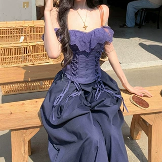 蕾丝拼接吊带背心女2026早春设计感鱼骨胸衣抹胸上衣+阔腿裤套装