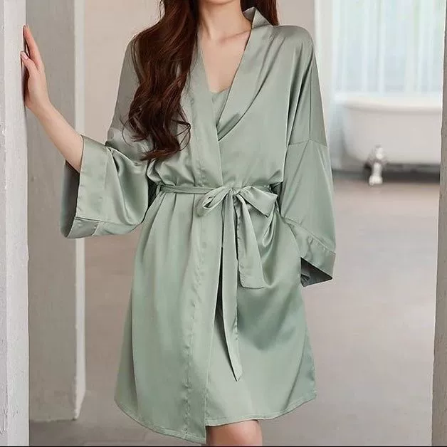 Silk sexy bathrobe, thin pijama, mid-length