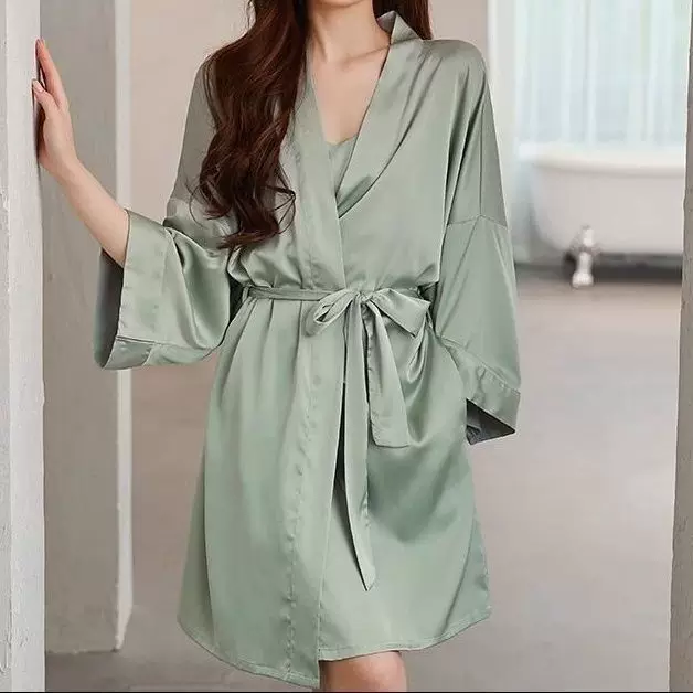 Silk sexy bathrobe, thin pijama, mid-length