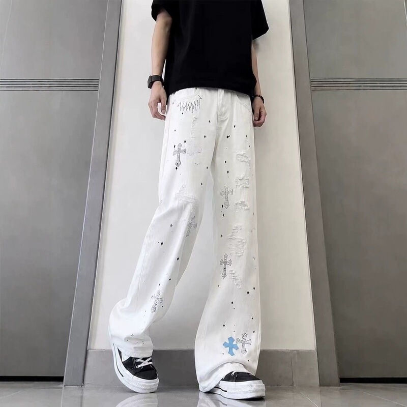 American high street Chrome Hearts cross-print ripped jeans for men and women, 2026 new fashion versatile straight-leg trendy pants American high street Chrome Hearts cross-print ripped jeans for men and women, 2026 new fashion versatile straight-leg trendy pants