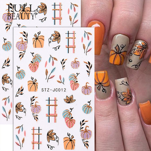 Cross-Border New Nail Art Stickers Halloween Cartoon Glitter Pumpkin Orange Purple Maple Leaves Flowers and Grass Adhesive Nail Stickers