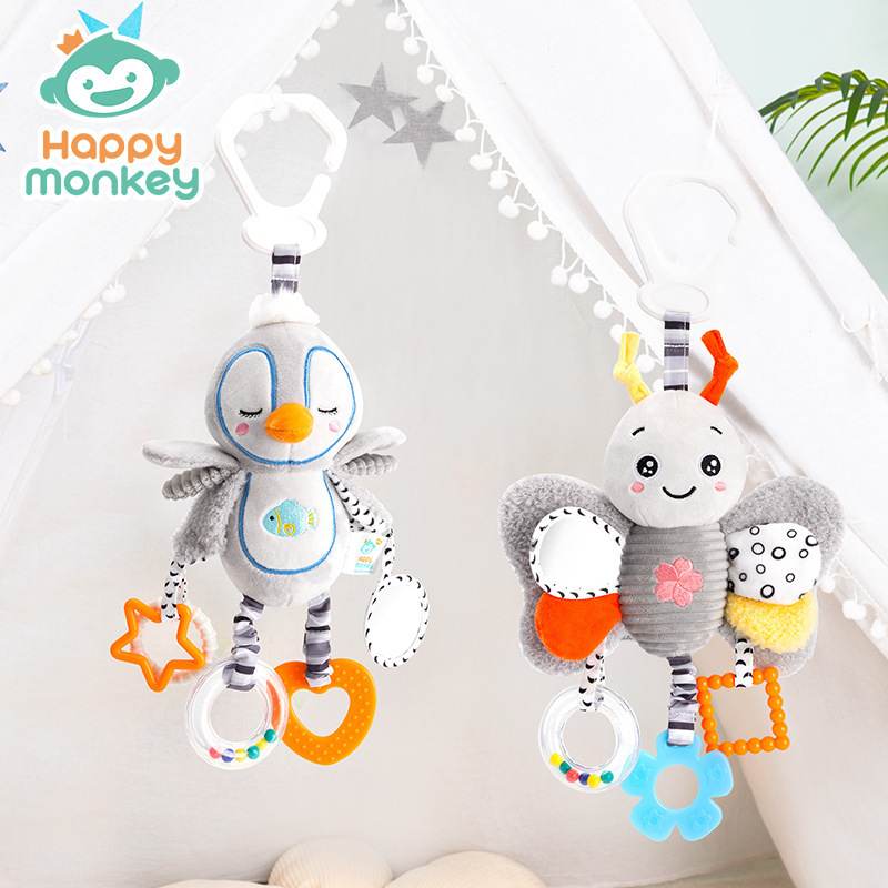Happy Monkey Baby Stroller Toy Pendant Rattle Bed Bell Hanging Car Safety Seat to Soothe the Baby