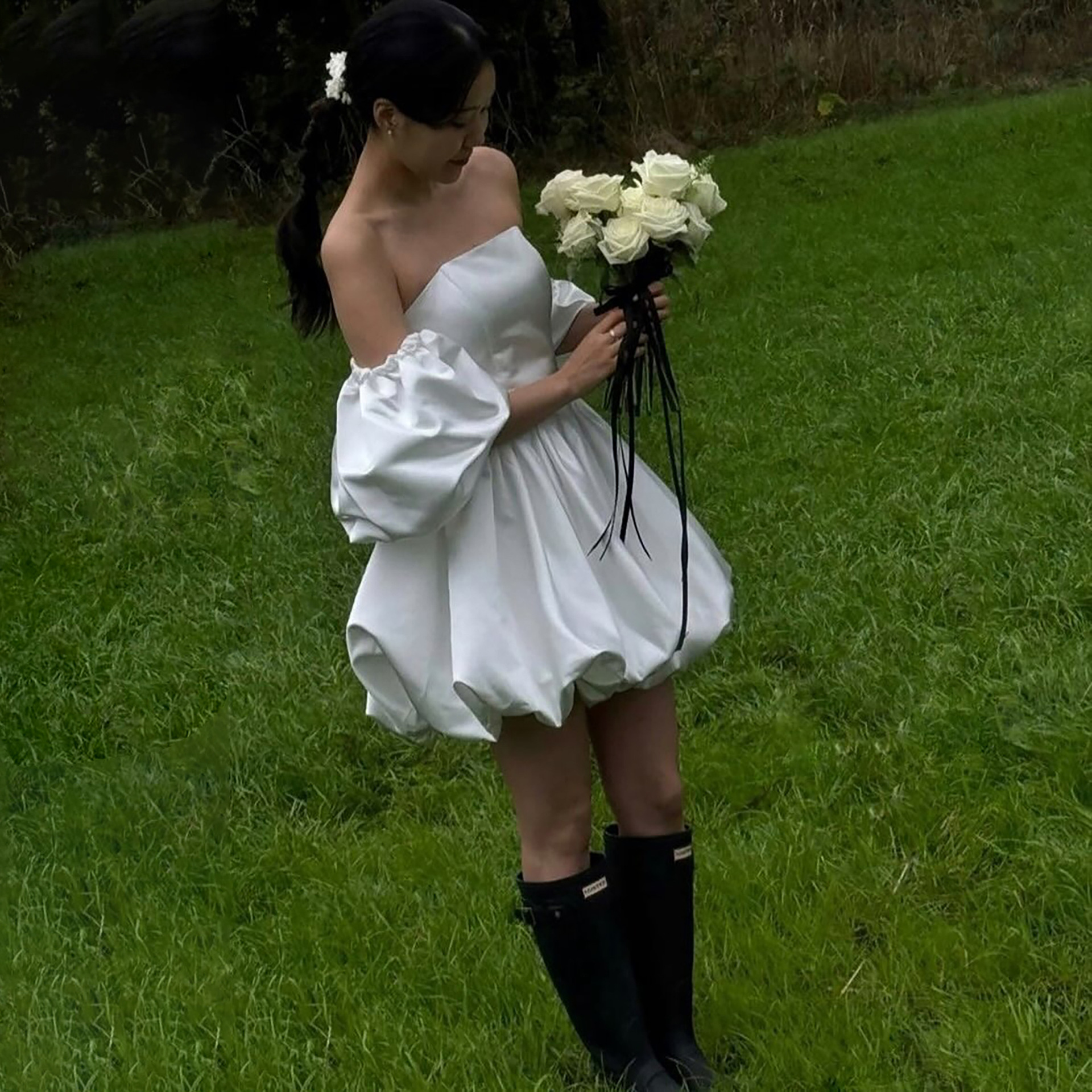 Korean-Style Light Wedding Dress, Short Satin Simple Strapless Puffy Skirt, Engagement and Marriage Registration, Cute and Sweet Banquet Style Dress