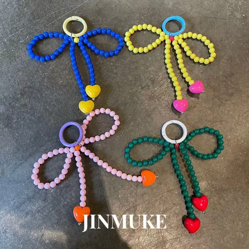 2025 Summer Colorful Big Bow Keychain DIY Handmade Beaded Love Bag Mobile Phone Keychain Pendant