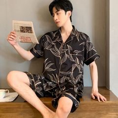 韓国風パジャマメンズ半袖ショーツ夏アイスシルクカーディガン模擬シルク屋外で着用可能大きいサイズのホーム服セット