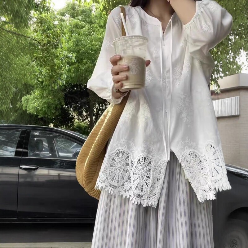 2026 Summer New Korean Style Lazy Style Embroidered Cotton and Linen Shirt for Women, Loose and Slimming, Long-Sleeved Sun Protection Work Clothing Top