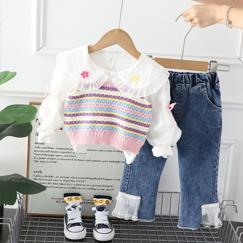 Fashionable Autumn Children's Clothing Girls Suit Spring Autumn New Fashionable Baby Girl Striped Vest Long Sleeve Three-piece Set on behalf of