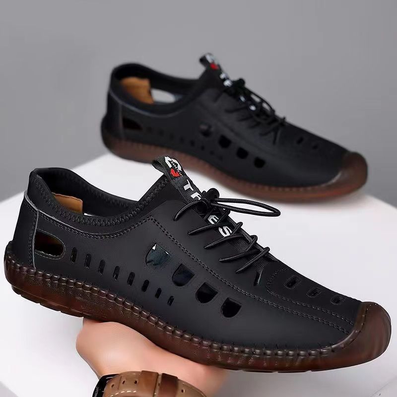 (2개) 여름 새 샌들 남성용 캐주얼 할로우 통기성 PU 남성용 신발 게으른 슬립 온 할로우 통기성 홀 신발