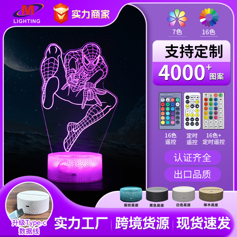 Amazon New Spiderman Series 3D Nightlight Touch Remote Control Colorful Bedroom Lamp Creative Gift 3D Table Lamp
