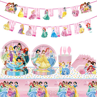 Amazon New Pink Six Princess Qiyuan Aisha Paper Cup Paper Plate Tablecloth Balloon Theme Birthday Flag Party