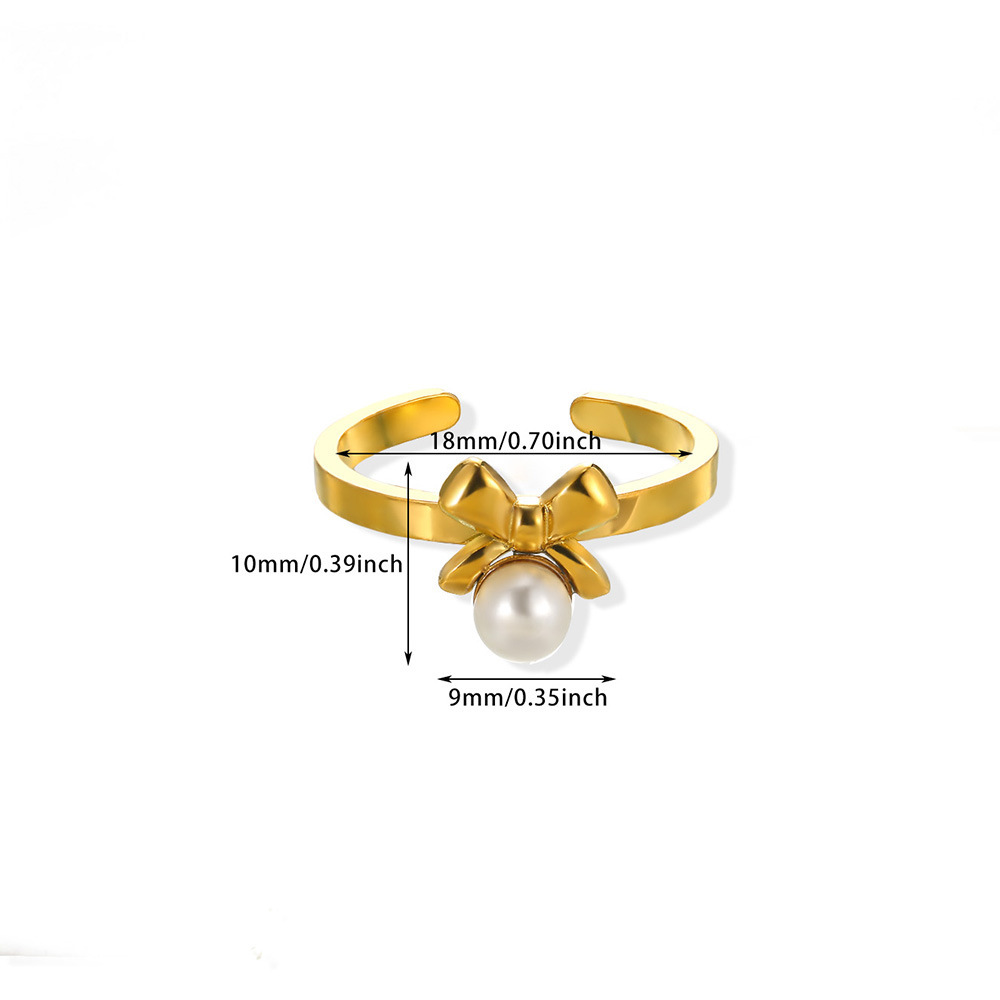 1 Piece Quantity PVD Coated Real Gold Plated Heart Shape Flower Bow Knot 304 Stainless Steel Imitation Pearl Vintage Style Waterproof Non Tarnish Open Rings