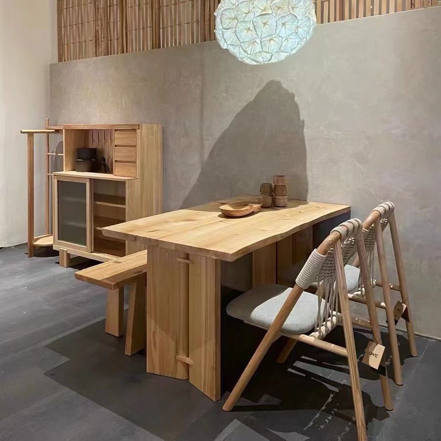 Solid Wood Dining Table in Natural Wood Style for Home Use, Japanese Minimalist Rectangular Dining Table, Ash Wood Desk, Tea Table, Tea Chair Set