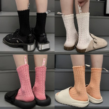 潮袜华夫格棋盘格泡泡纹后跟爱心标签飘带小红书男女纯棉中筒袜子