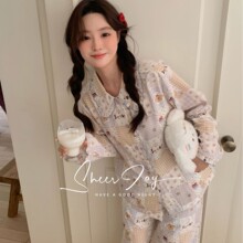 新款小红书纯棉A类纱布女士家居服长袖长裤睡衣女秋季茉莉清茶