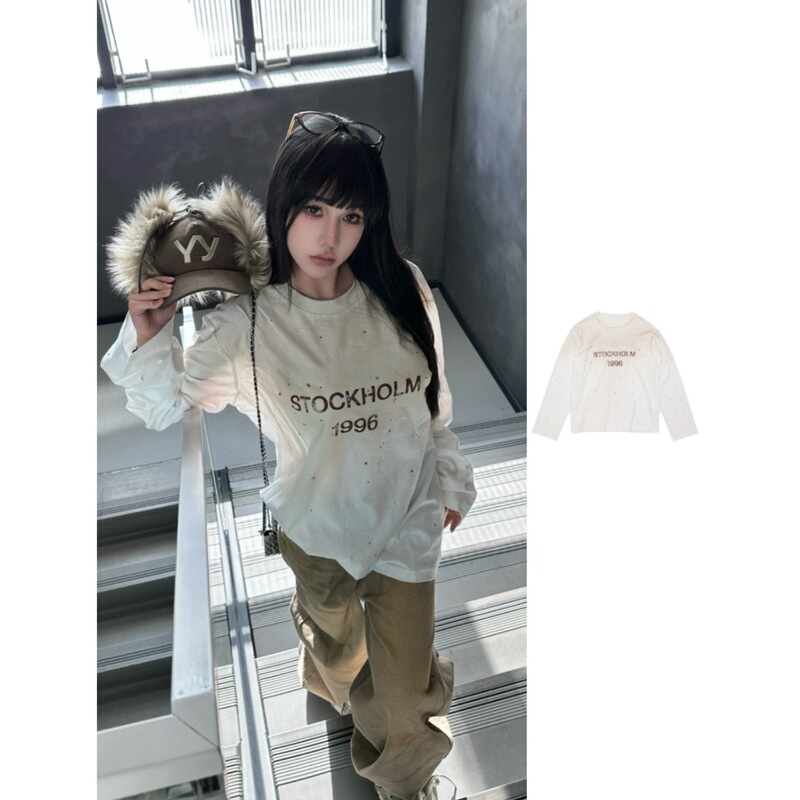 Nanyou High Quality Goods |   Hot Girl Style 25Ss Autumn and Winter Ac Home 1996 Hot Diamond Letter Printing Washed Distressed Long Sleeves