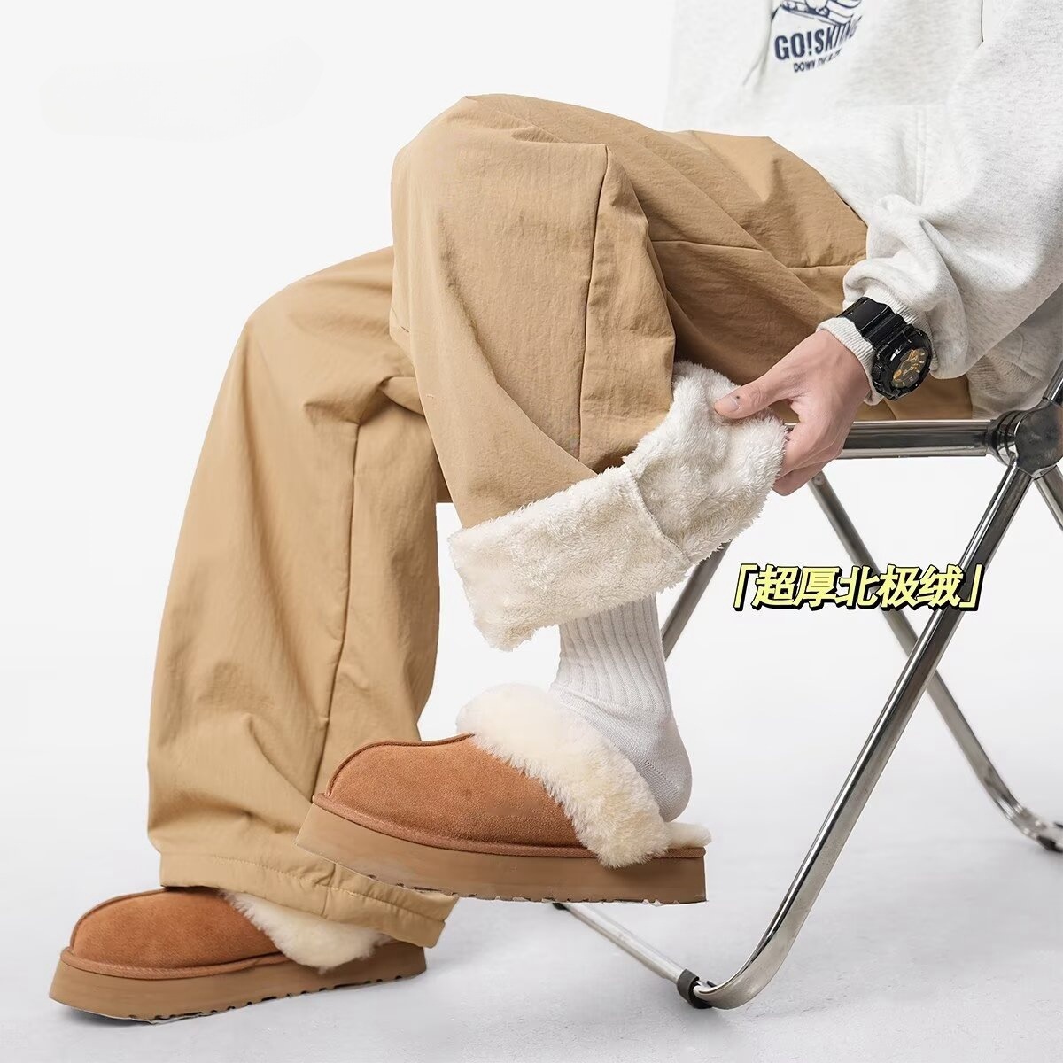 重磅休闲裤男冬季新款日系潮牌加绒加厚保暖棉裤男女纯色直筒长裤