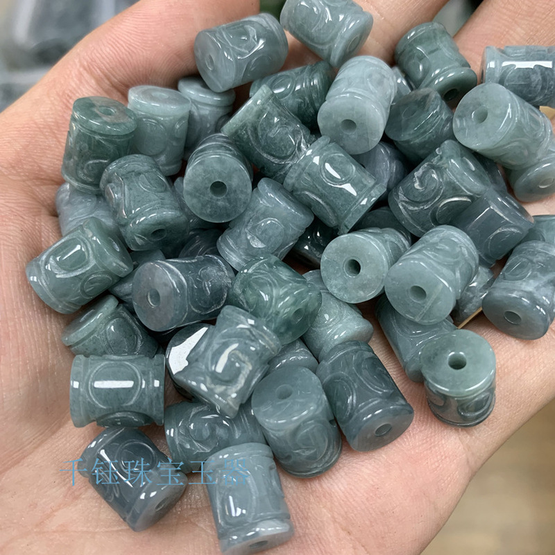 Wholesale Blue Water Jade Dragon Pillar and Money Pillar Loose Pieces, Old Material Carved Jade Black Chicken Dragon Bead Bracelet Jade Accessories