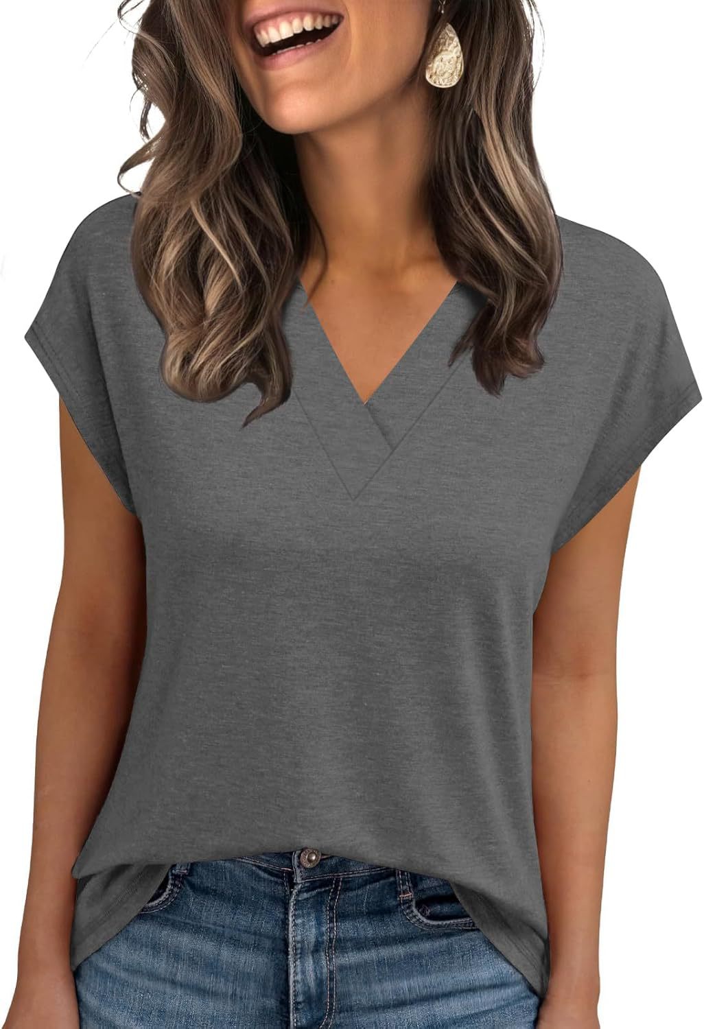 2026 Women Summer Casual V Neck Cap Sleeve Basic Tops_ecoleips.com