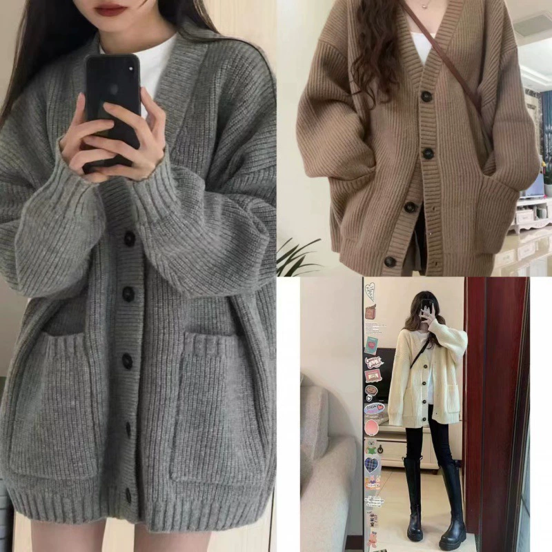 Вязаный осенний свитер, кардиган, куртка, стиль Chanel, свободный крой, V-образный ворот