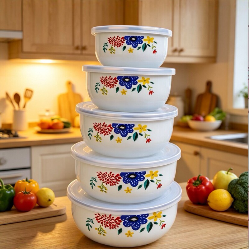 Enamel preservation bowl set with lid, five-piece set, thickened, retro-style instant noodle bowl, microwave-safe, vintage household lunch box