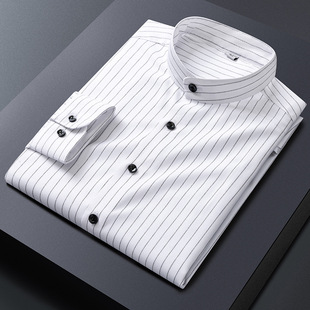Gold Shield Striped Collar Shirt Men's Long-sleeved Spring and Autumn Chinese-tung Suit Round Neck Pocket Casual All-match Non-iron Shirt Men's
