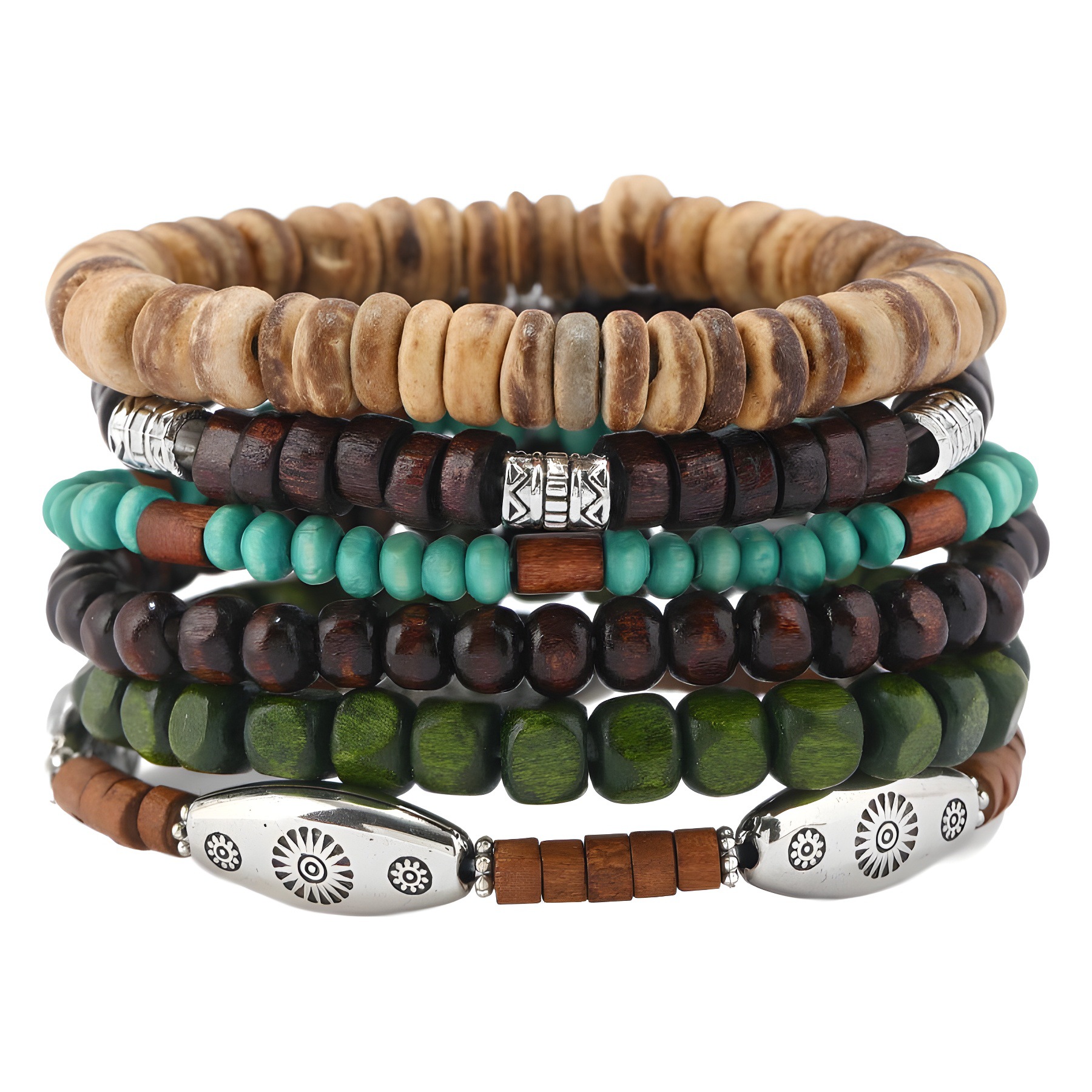 Nuovo set di braccialetti multistrato elastici in lega di perline di legno CCB da 6 pezzi, stile europeo e americano, casual e retrò_voghion.com