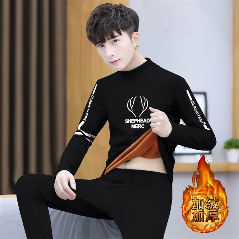 Зимний молодежный комплект термобелья для мальчиков с бархатом и толстым воротником и нижней рубашкой для студентов с осенней одеждой и осенними брюками