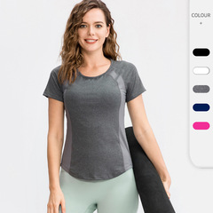 Women's Tight Fitting Yoga Short Sleeve Round Neck Sports T-Shirt Mesh Breathable High Elastic Quick Dry Running Fitness Top 02216