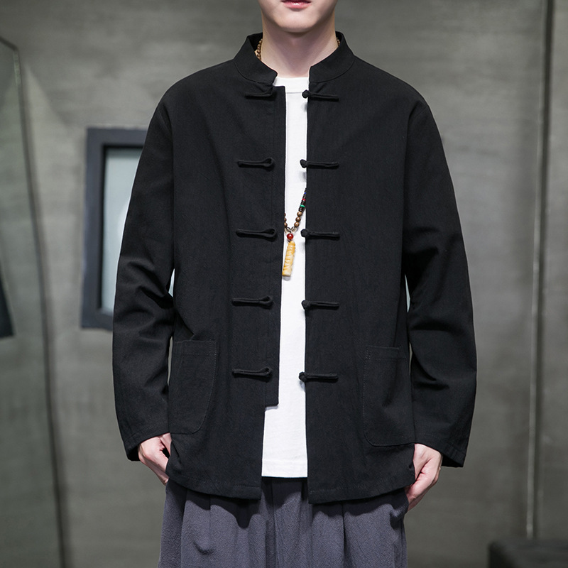 Primavera y otoño estilo chino camisa china de algodón y lino para hombre traje Tang chaqueta de manga larga traje Tang camisa de cuello alto con hebilla de disco estilo chino