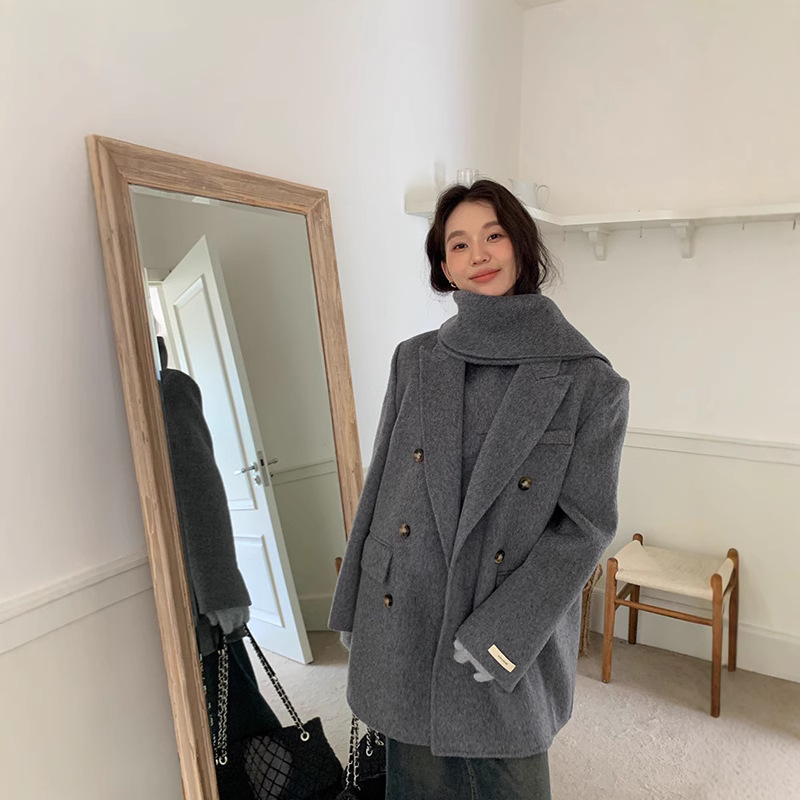 2025 New Autumn and Winter Korean Style Lazy Long Scarf Vest Two-Piece Set Mid-Length Double-Sided Wool Coat