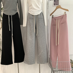 欧玛莱 假口袋休闲裤女2025春季新款抽绳高腰宽松阔腿裤长裤1819