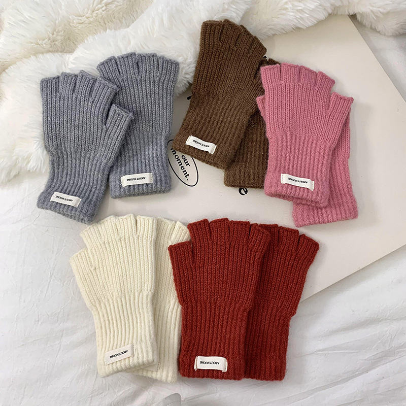 Guantes de medio dedo de invierno caliente nuevo estilo coreano de color sólido para estudiantes de escritura guantes de conducción guantes de lana de punto