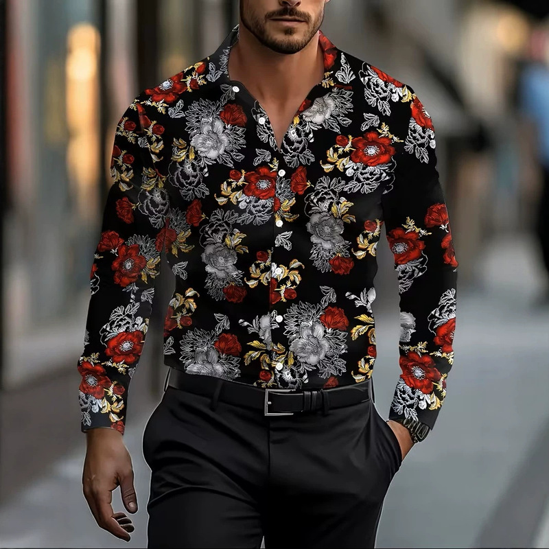 Amazon Cross-Border New Spring Style Men's Fashionable Floral Print Long-Sleeved Button-Down Shirt with Custom 3D Floral Pattern Amazon Cross-Border New Spring Style Men's Fashionable Floral Print Long-Sleeved Button-Down Shirt with Custom 3D Floral Pattern