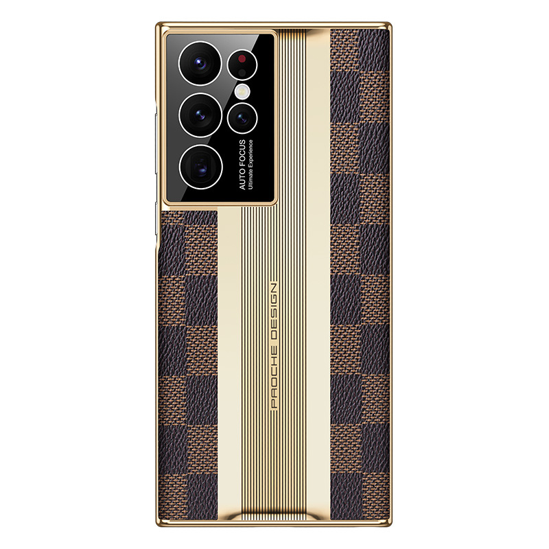 Transformación de la funda del Samsung S23 Ultra: funda protectora con borde electrochapado y cobertura total de cuero premium con patrón a cuadros para el S22+.