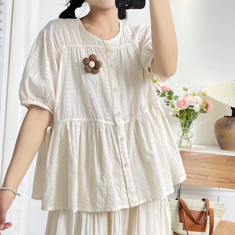 Japanese Style Fresh Style Summer New Sweet Round Neck Lace Loose Waist Jacquard Loose Short-sleeved Shirt for Women Base