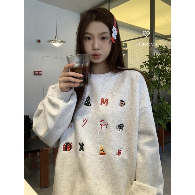 秋冬季新款网红潮流韩版oversize圆领长袖无帽灰色卫衣女宽松洋气|undefined
