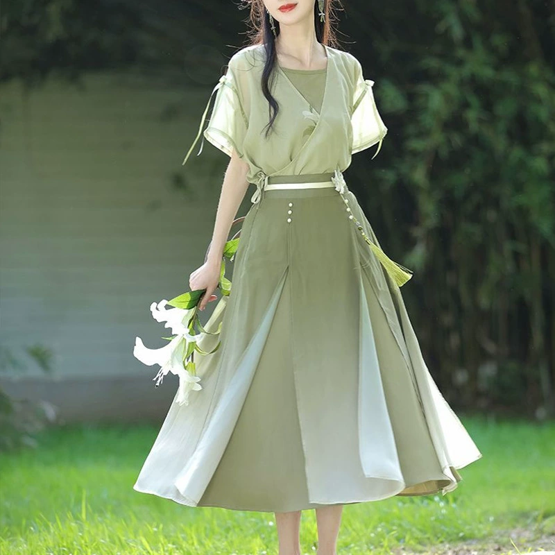 Свежий ретро-стиль, нежный литературный улучшенный китайский элемент, китайский стиль, дзен, короткий рукав, костюм, юбка, лето 2025, новый стиль