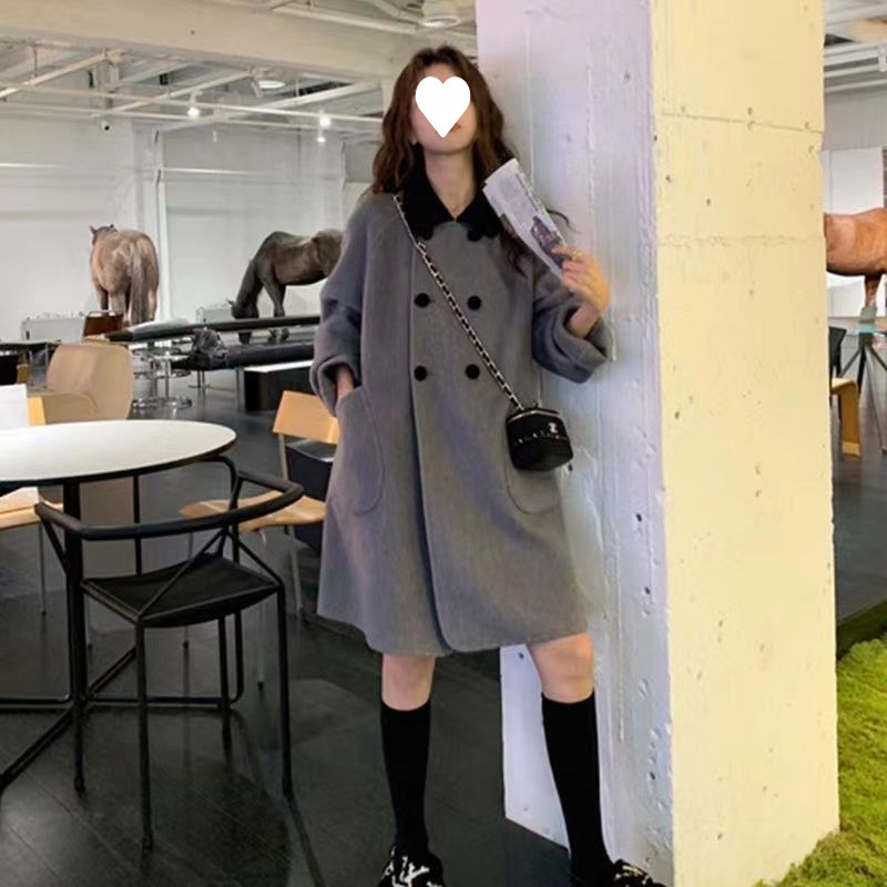 复古撞色翻领中长款呢子大衣女小个子韩版宽松显瘦百搭毛呢外套女