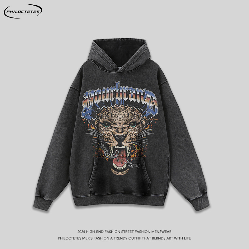 Leopard Printed Small Neck Antique Hooded Sweater Men's and Women's American-style Hip-hop National Fashion Old Wash Water Long-sleeved Hoodie