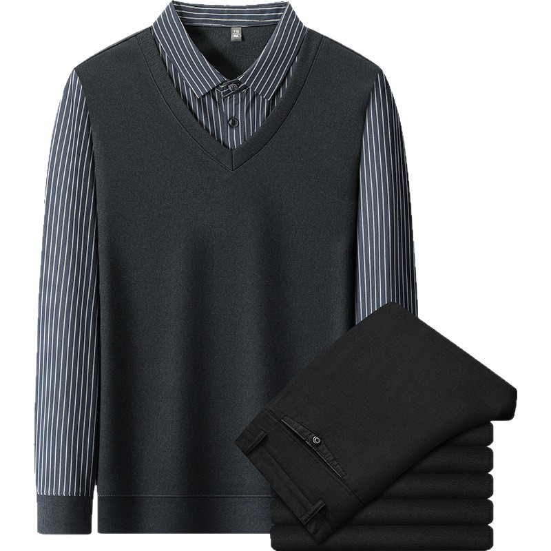 Nuevo traje de hombre de otoño y invierno transfronterizos de mediana edad, ropa de negocios, polo casual, pantalones de dos piezas