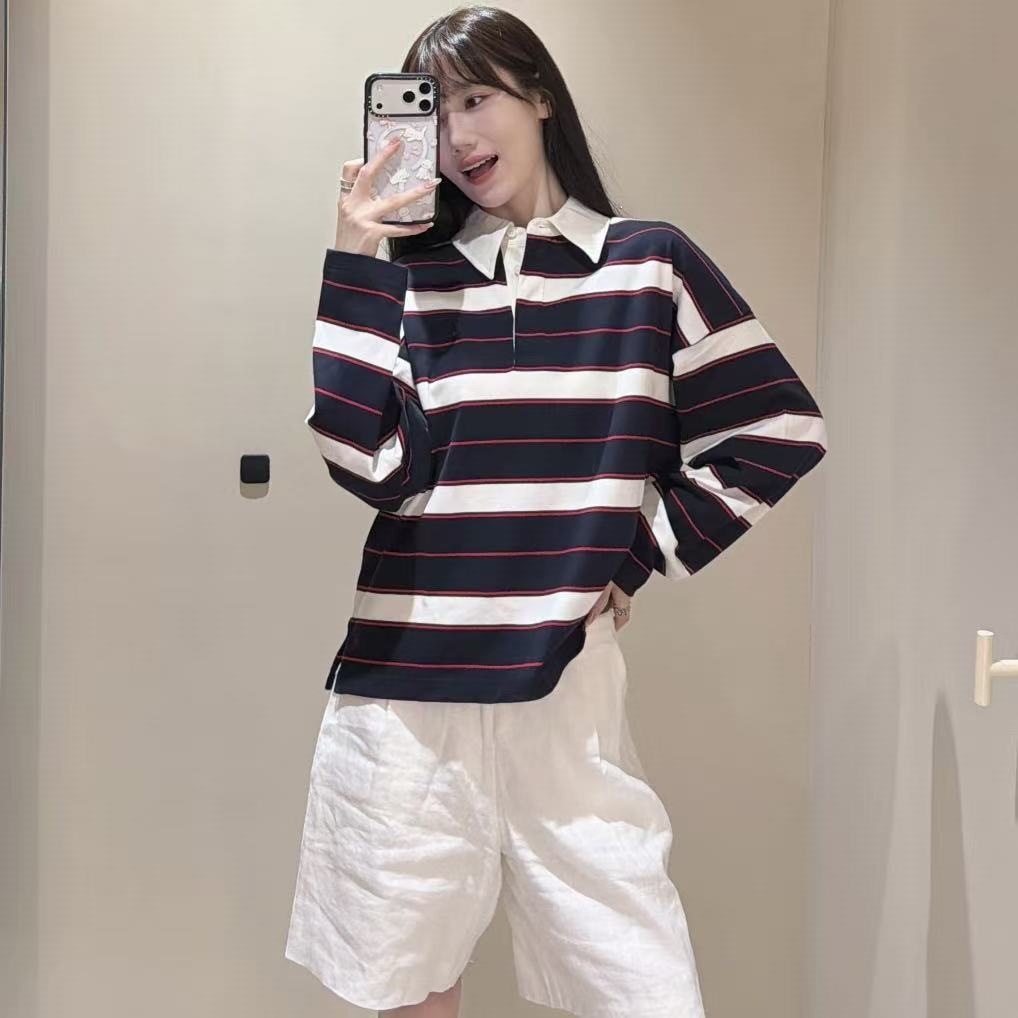 CS女装 休闲版型条纹棉质橄榄球衬衫2026秋季新品上衣1351539002