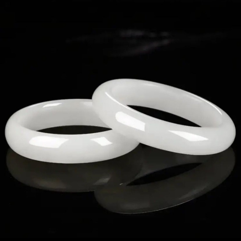 Vòng tay ngọc bích trắng da cừu tự nhiên Tân Cương chính hãng dáng tròn tiêu chuẩn — Bạch ngọc bình thường chi tiết 7