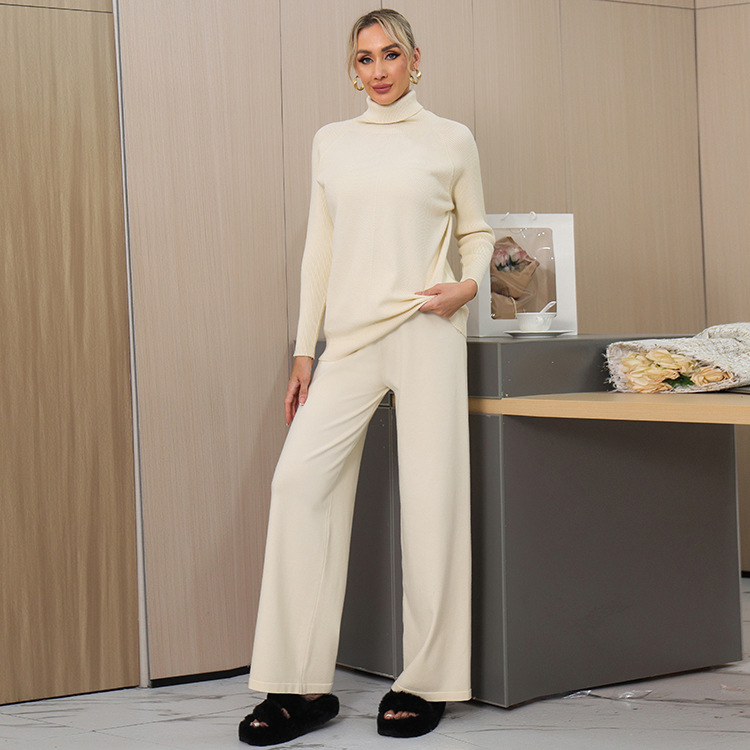 Damen Strickpullover Mit Stehkragen Und Weite Hose Zweiteiler Set_voghion.com