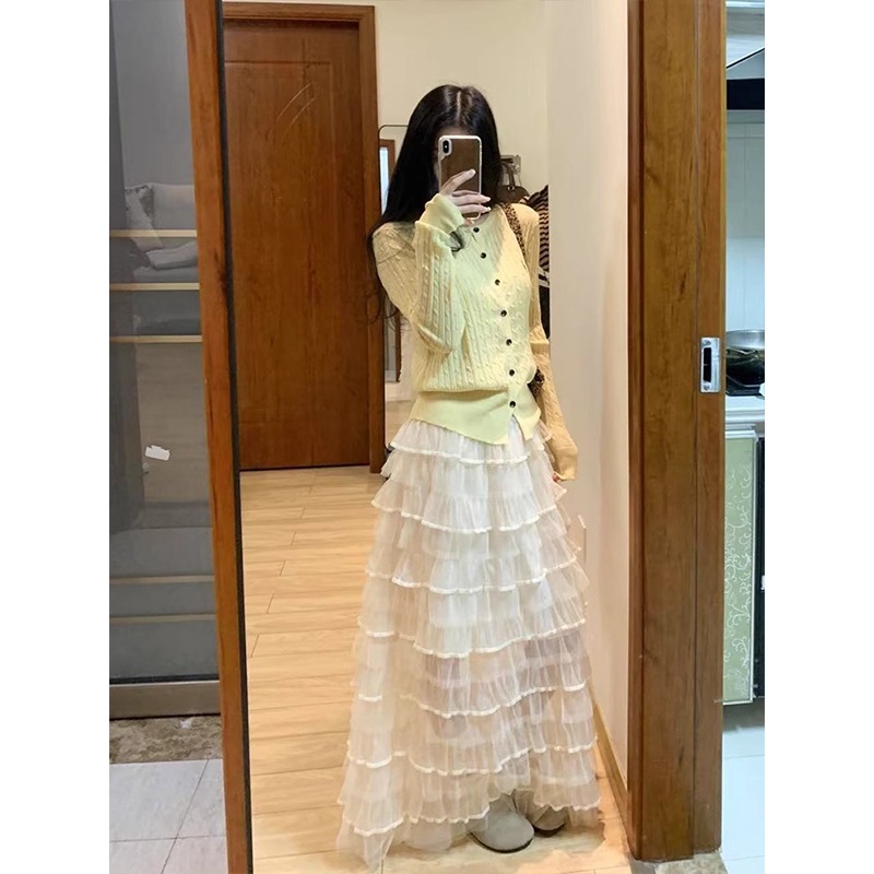 Mesh Cake Skirt, Gentle Style High-Waisted Skirt for Women, Spring and Summer New Style A-Line Fairy Skirt, Elegant and Drapedy Long Skirt