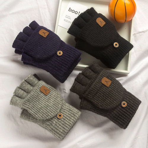 Men's Gloves Winter Embroidered Half Finger Fingerless Flip Cover Knitted Thick Women's Warmth Gaming Factory