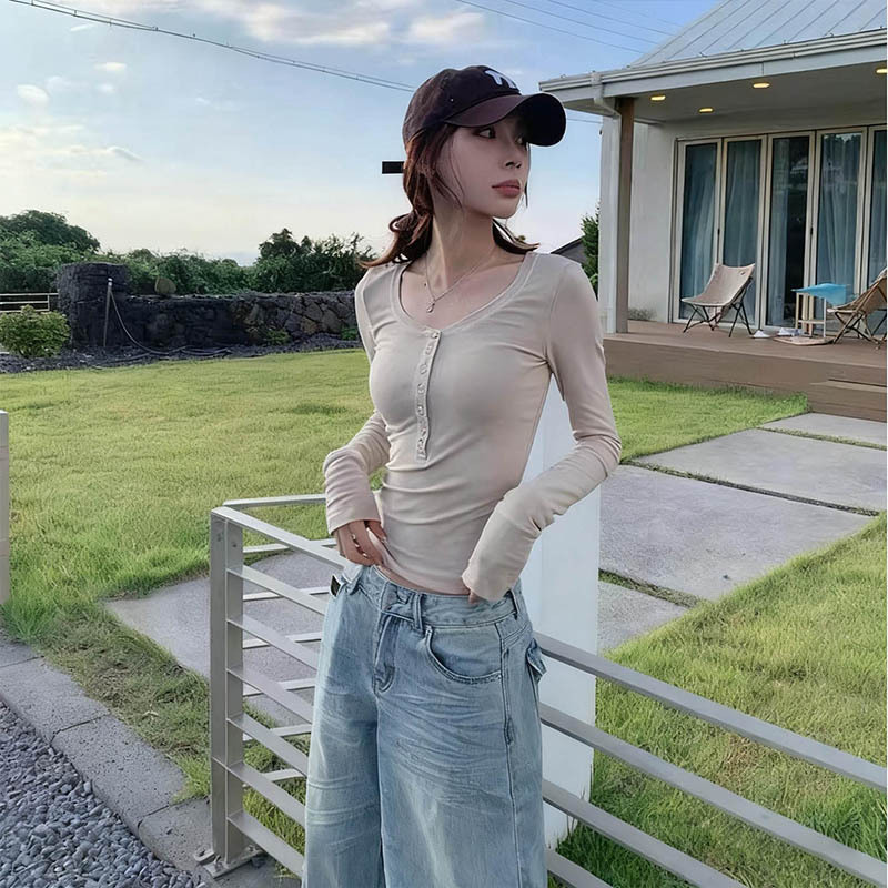 十三行亨利扣修身显瘦长袖打底T恤女秋2025新款圆领薄款上衣潮|undefined