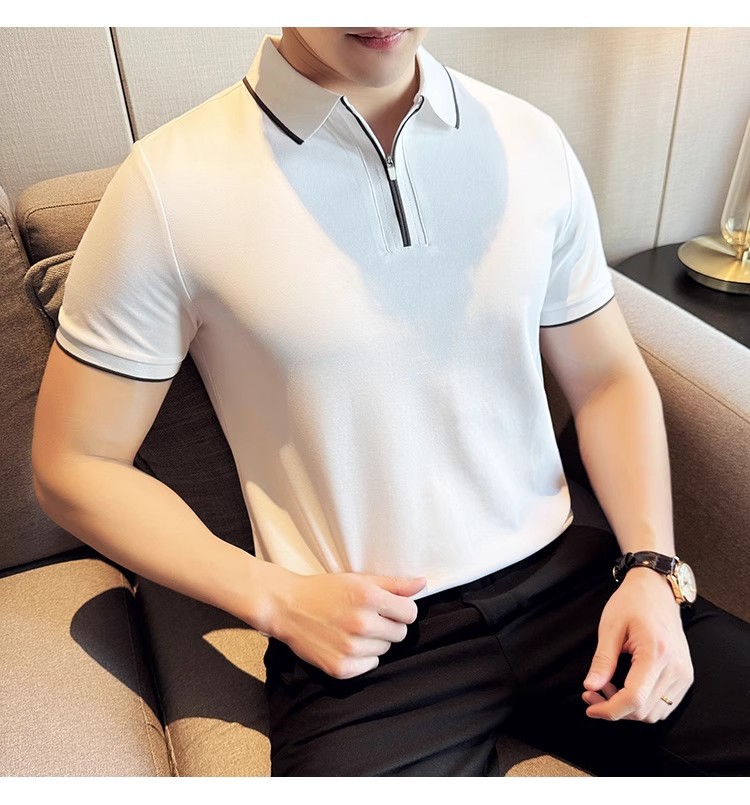"Men's Slim-Fit Zip Polo Shirt – Breathable Cotton Short Sleeve With Embroidered Detail, Business Casual Summer Top (3 Colors, Sizes M-XXXXL)"_viptrois.com